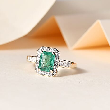 9K Yellow Gold AAA Gemfield Zambian Emerald & Moissanite Ring 2.12 Ct.