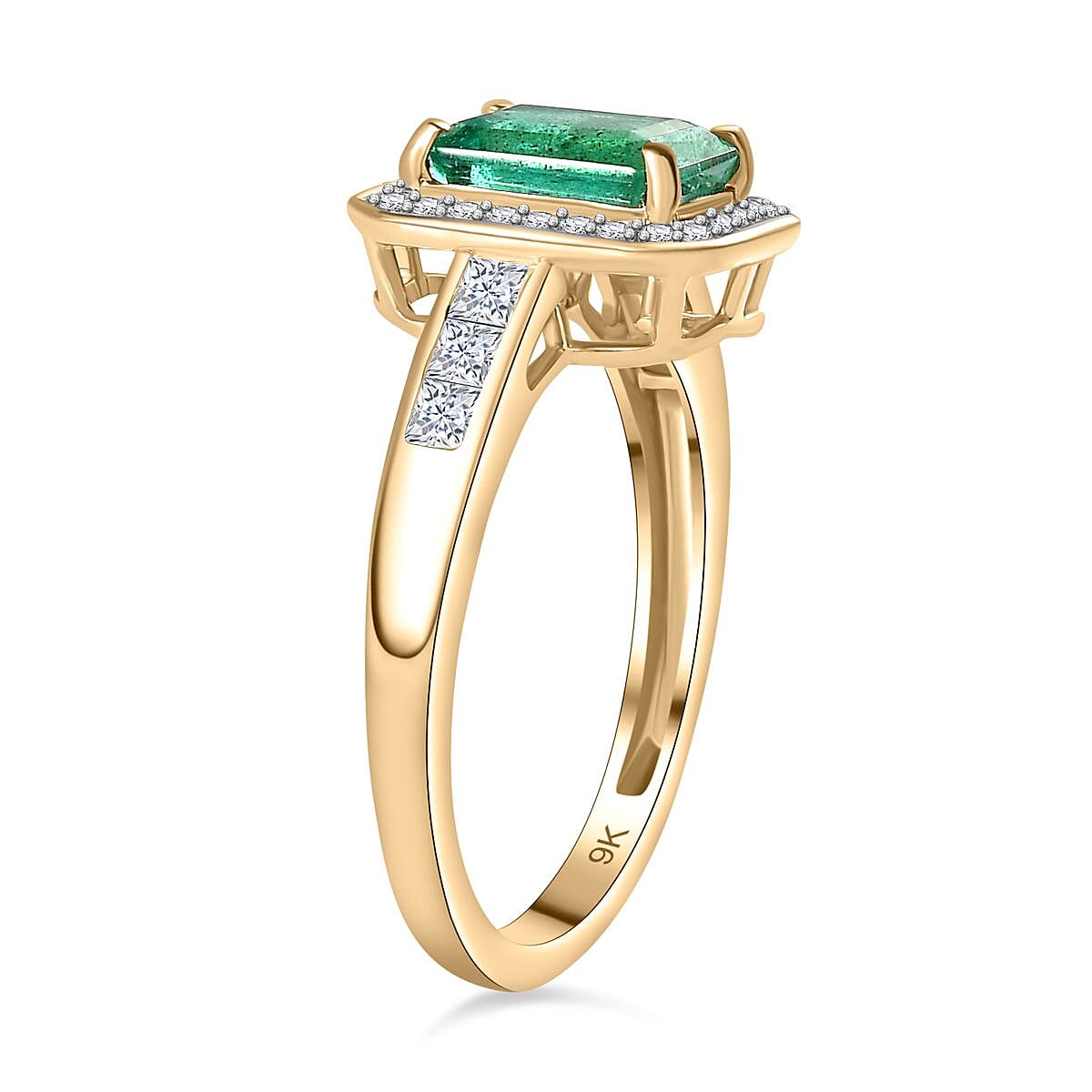 9K Yellow Gold AAA Gemfield Zambian Emerald & Moissanite Ring 2.12 Ct.
