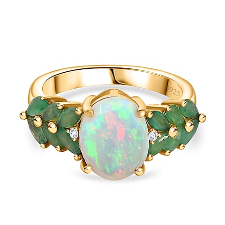 Ethiopian Welo Opal, Zambian Emerald and Natural Zircon Ring in 18K Gold Vermeil Sterling Silver 2.67 Ct.