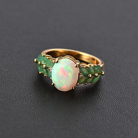 Ethiopian Welo Opal, Zambian Emerald and Natural Zircon Ring in 18K Gold Vermeil Sterling Silver 2.67 Ct.