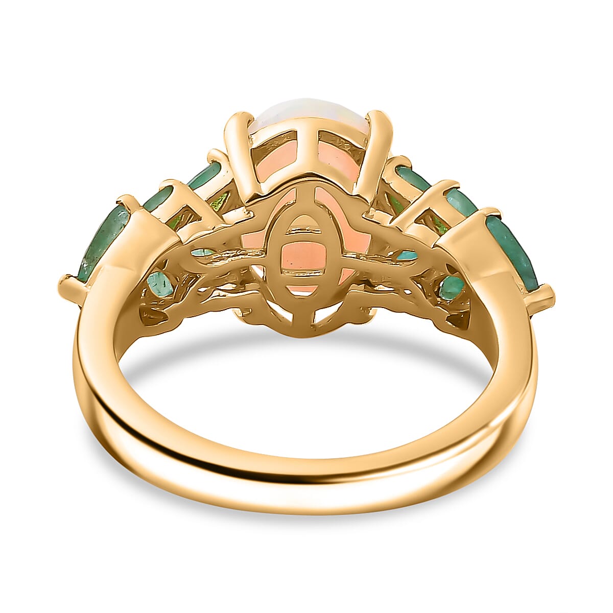 Ethiopian Welo Opal, Zambian Emerald and Natural Zircon Ring in 18K Gold Vermeil Sterling Silver 2.67 Ct. Ethiopian Welo Opal, Zambian Emerald and Natural Zircon Ring in 18K Gold Vermeil Sterling Silver 2.67 Ct.