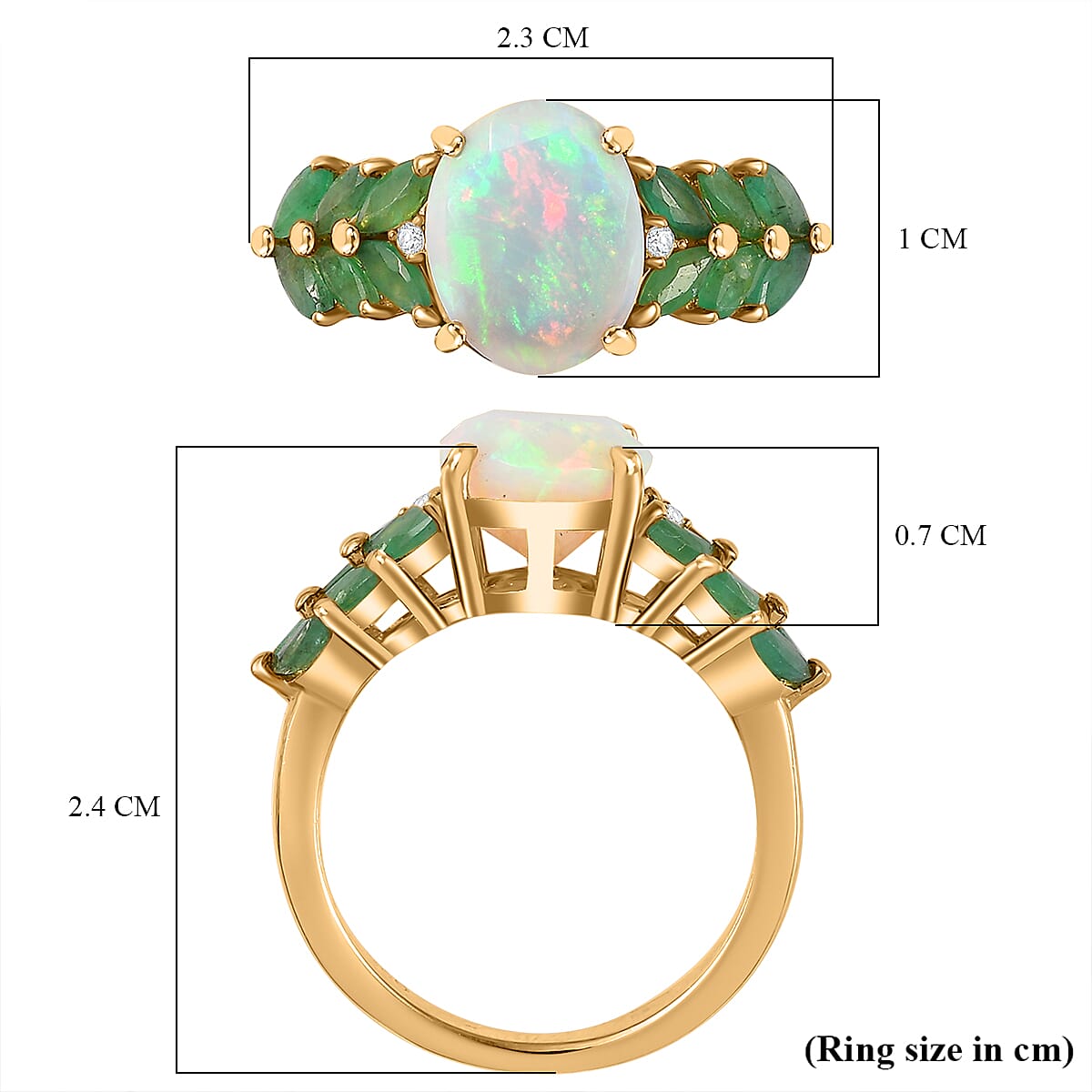 Ethiopian Welo Opal, Zambian Emerald and Natural Zircon Ring in 18K Gold Vermeil Sterling Silver 2.67 Ct. Ethiopian Welo Opal, Zambian Emerald and Natural Zircon Ring in 18K Gold Vermeil Sterling Silver 2.67 Ct.