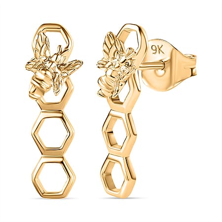 Designer Inspired - 9K Yellow Gold Honeycomb and Bee Dangle Earrings