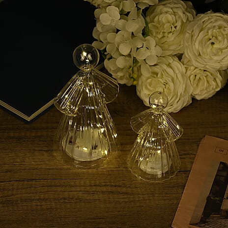 Set of 2 Glass Angel with 10 Warm Micro LED - Transparent