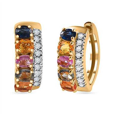 Rainbow Sapphire and Natural Zircon Hoop Earrings in 18K Yellow Gold Vermeil Plated Sterling Silver 3.00 Ct