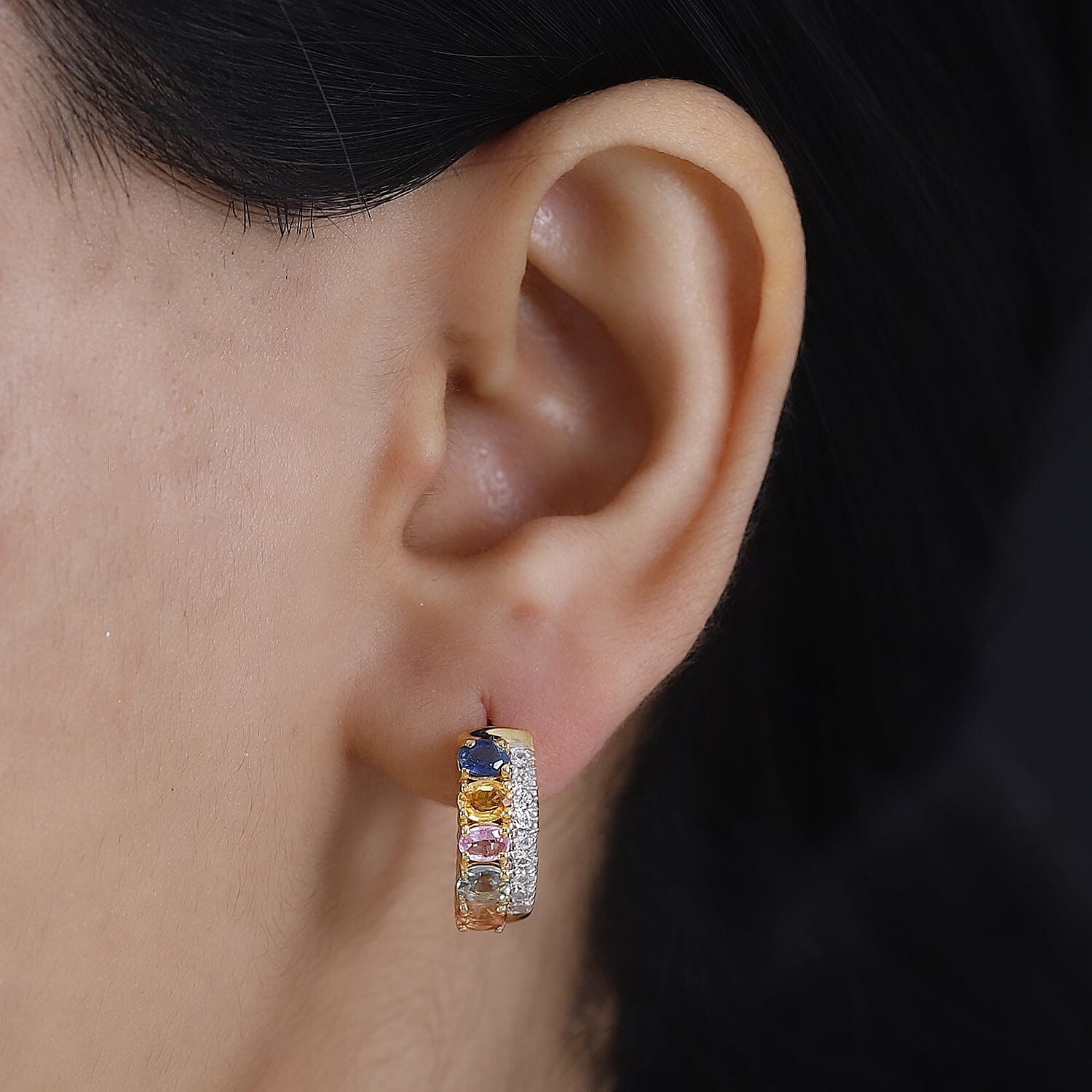 Rainbow Sapphire & Natural Zircon Hoop Earrings in 18K YG Vermeil Plated Sterling Silver 3.00 Ct