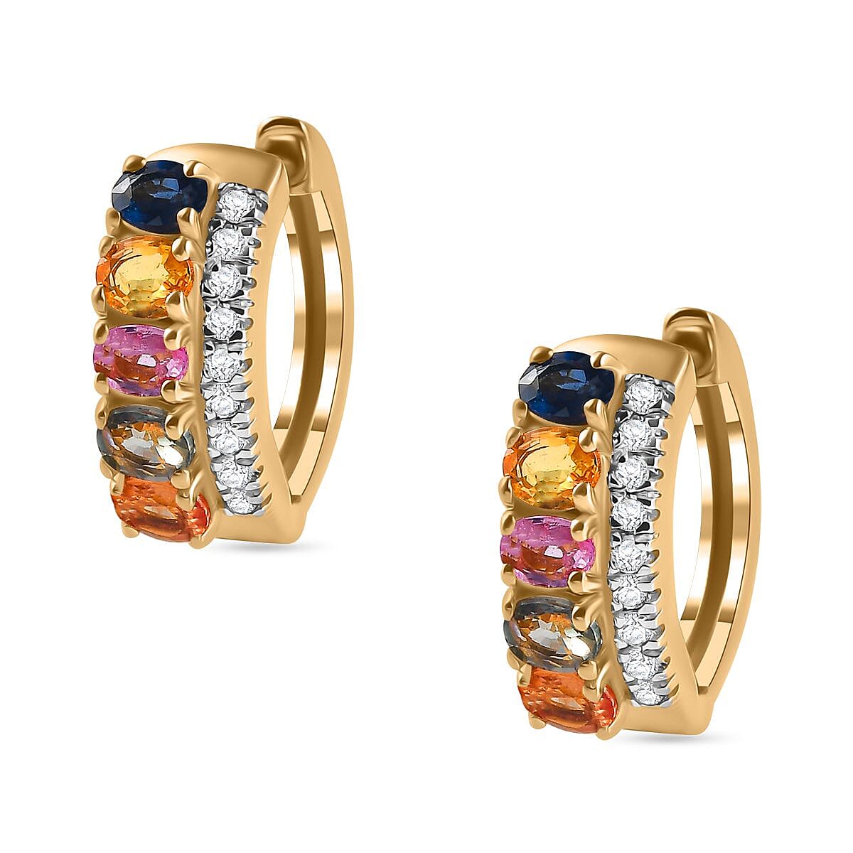 Rainbow Sapphire & Natural Zircon Hoop Earrings in 18K YG Vermeil Plated Sterling Silver 3.00 Ct
