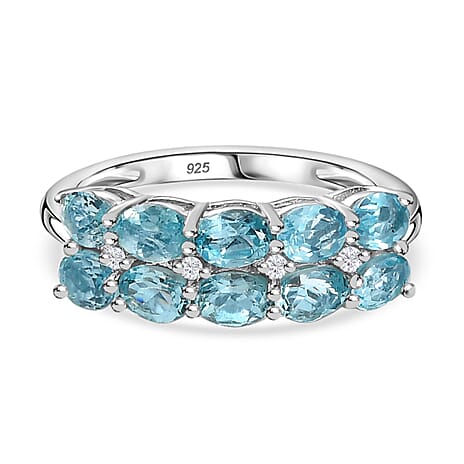 Blue Lagoon Apatite & White Zircon , Half Eternity Band Ring in Rhodium Overlay Sterling Silver 1.84 ct