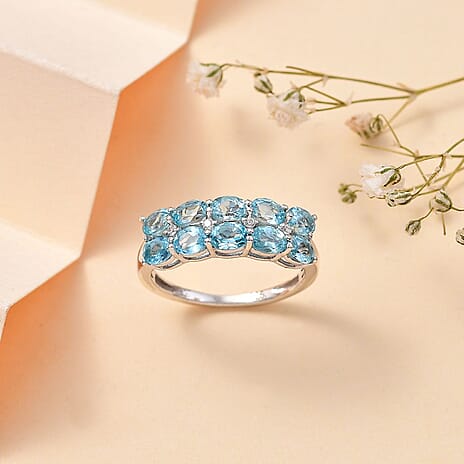 Blue Lagoon Apatite & White Zircon , Half Eternity Band Ring in Rhodium Overlay Sterling Silver 1.84 ct