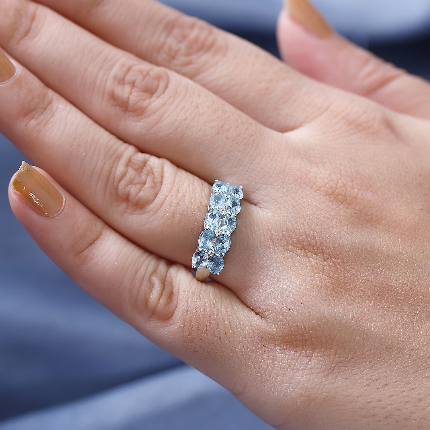 Blue Lagoon Apatite & White Zircon , Half Eternity Band Ring in Rhodium Overlay Sterling Silver 1.84 ct