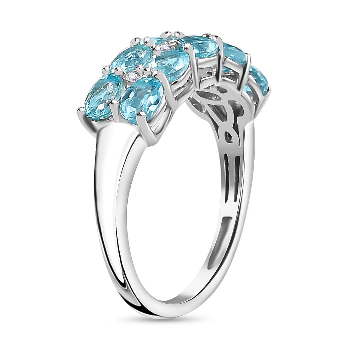 Blue Lagoon Apatite & White Zircon , Half Eternity Band Ring in Rhodium Overlay Sterling Silver 1.84 ct