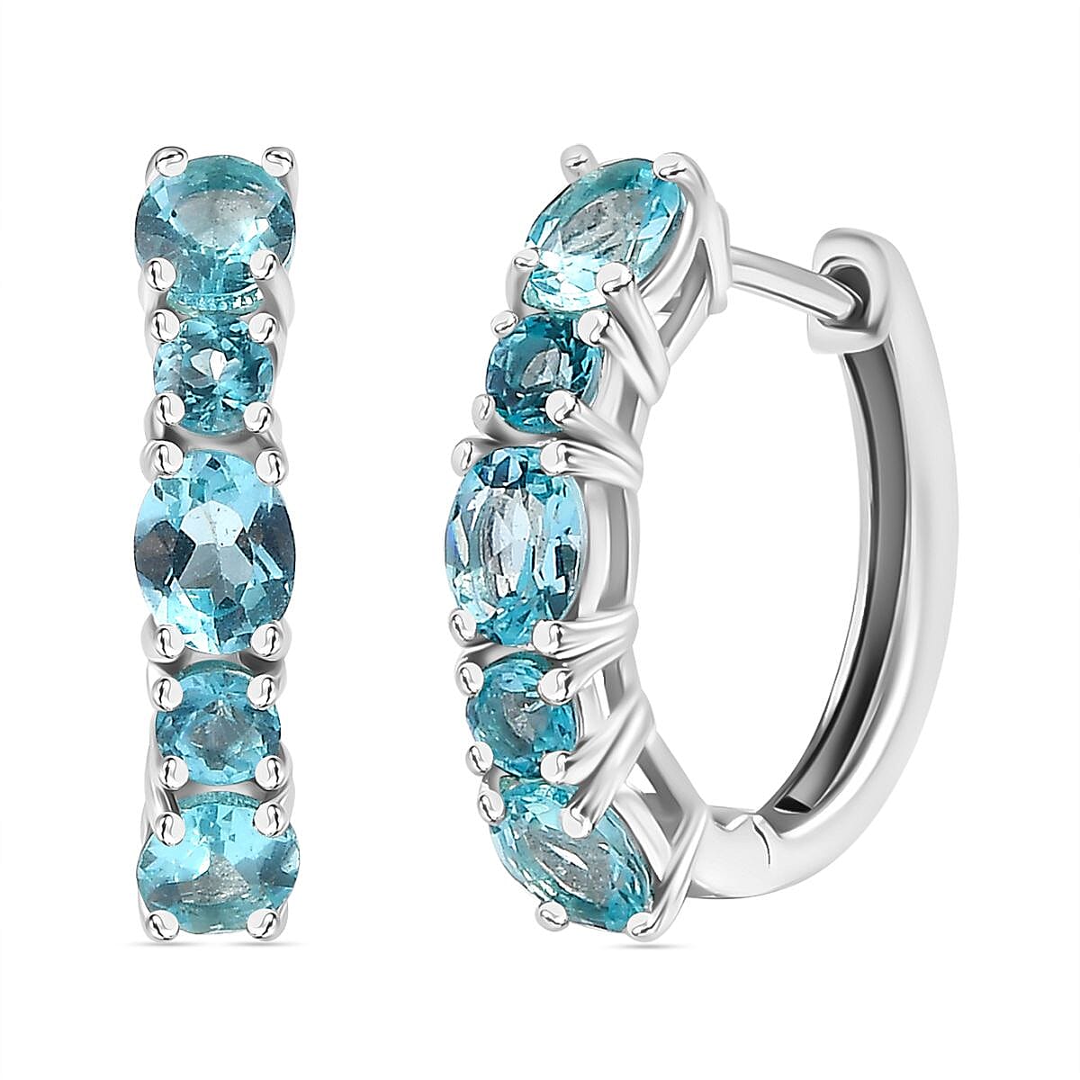 Blue Lagoon Apatite  J Hoop Half Hoop Earring in Rhodium Overlay Sterling Silver  2.832  Ct.