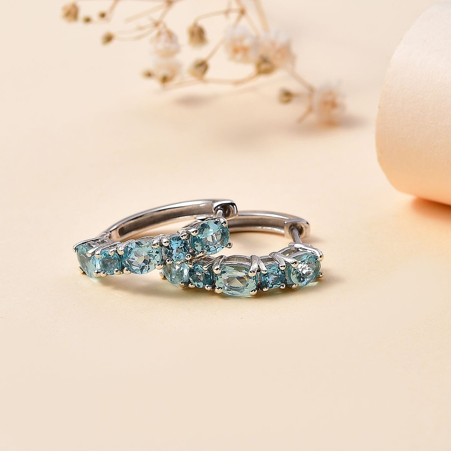 Blue Lagoon Apatite  J Hoop Half Hoop Earring in Rhodium Overlay Sterling Silver  2.832  Ct.