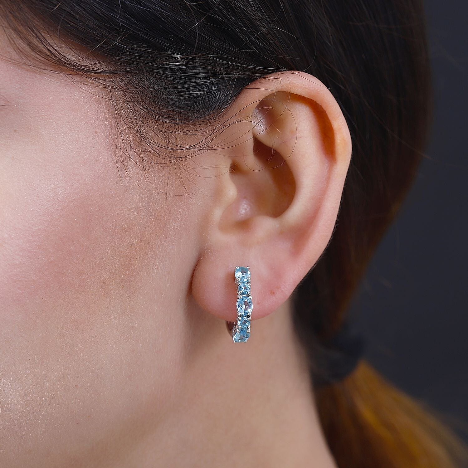 Blue Lagoon Apatite  J Hoop Half Hoop Earring in Rhodium Overlay Sterling Silver  2.832  Ct.