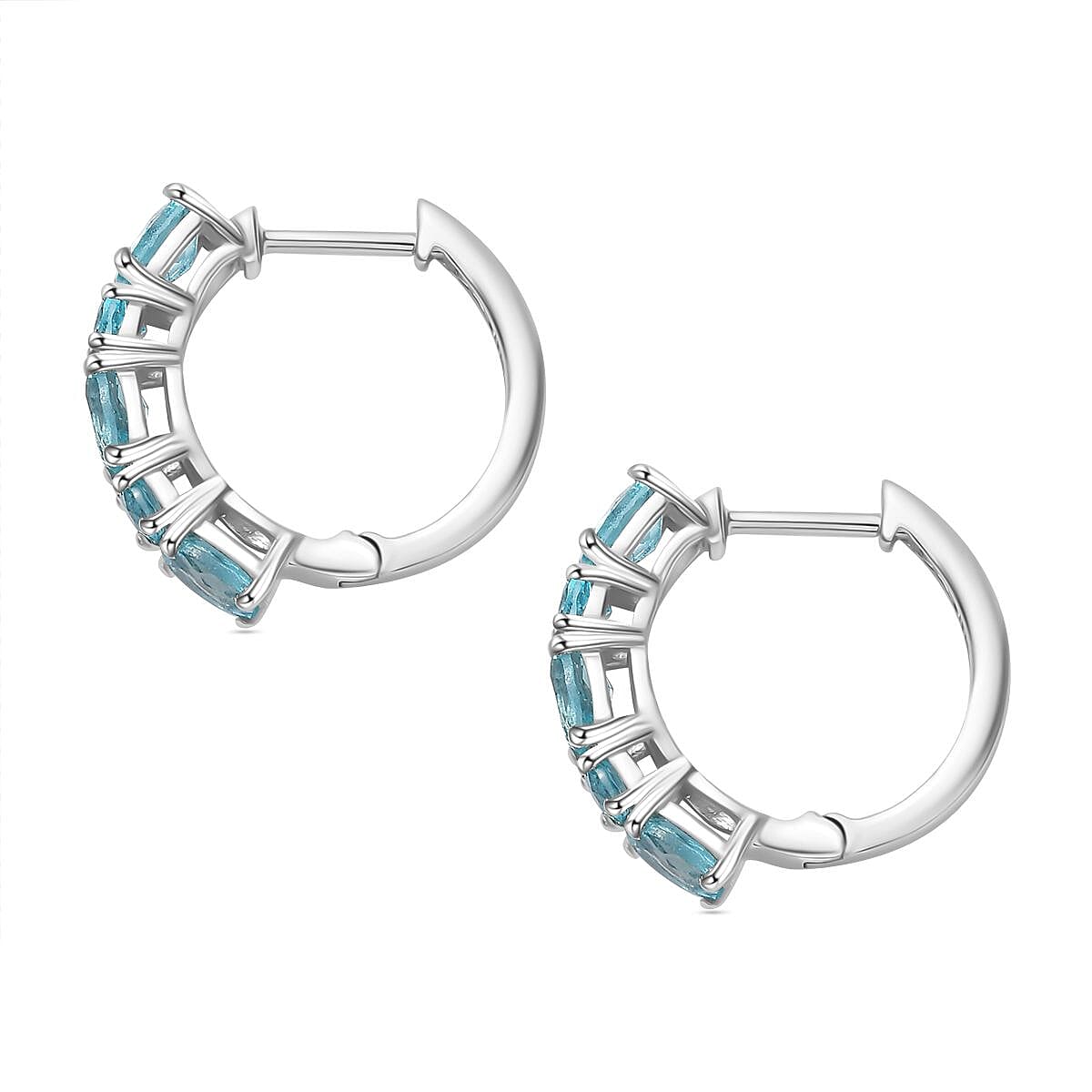 Blue Lagoon Apatite  J Hoop Half Hoop Earring in Rhodium Overlay Sterling Silver  2.832  Ct.