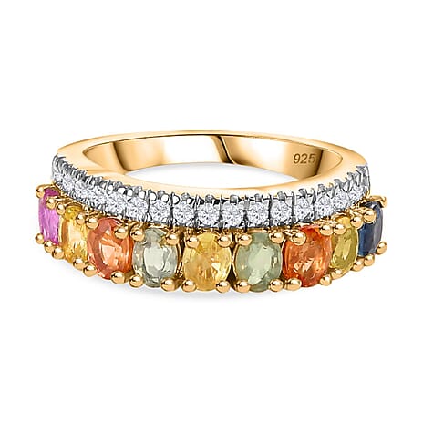 Rainbow Sapphire ,  White Zircon  Main Stone With Side Stone Ring in 18K YG Vermeil Sterling Silver 2.33 ct