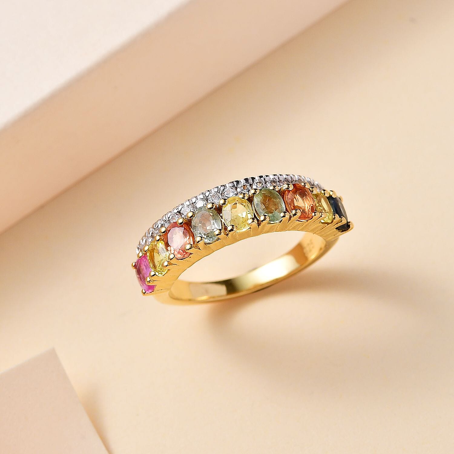 Rainbow Sapphire ,  White Zircon  Main Stone With Side Stone Ring in 18K YG Vermeil Sterling Silver 2.33 ct