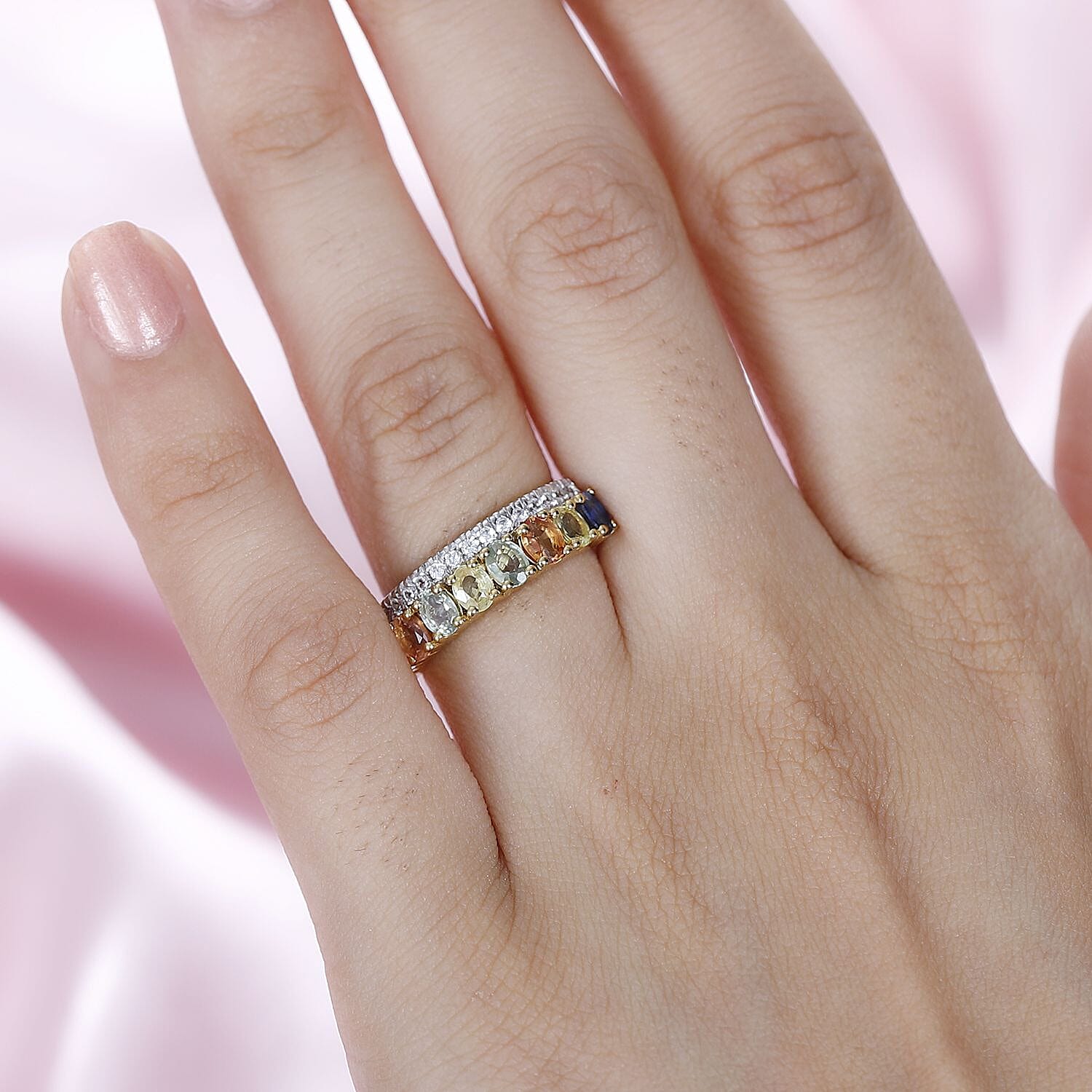 Rainbow Sapphire ,  White Zircon  Main Stone With Side Stone Ring in 18K YG Vermeil Sterling Silver 2.33 ct