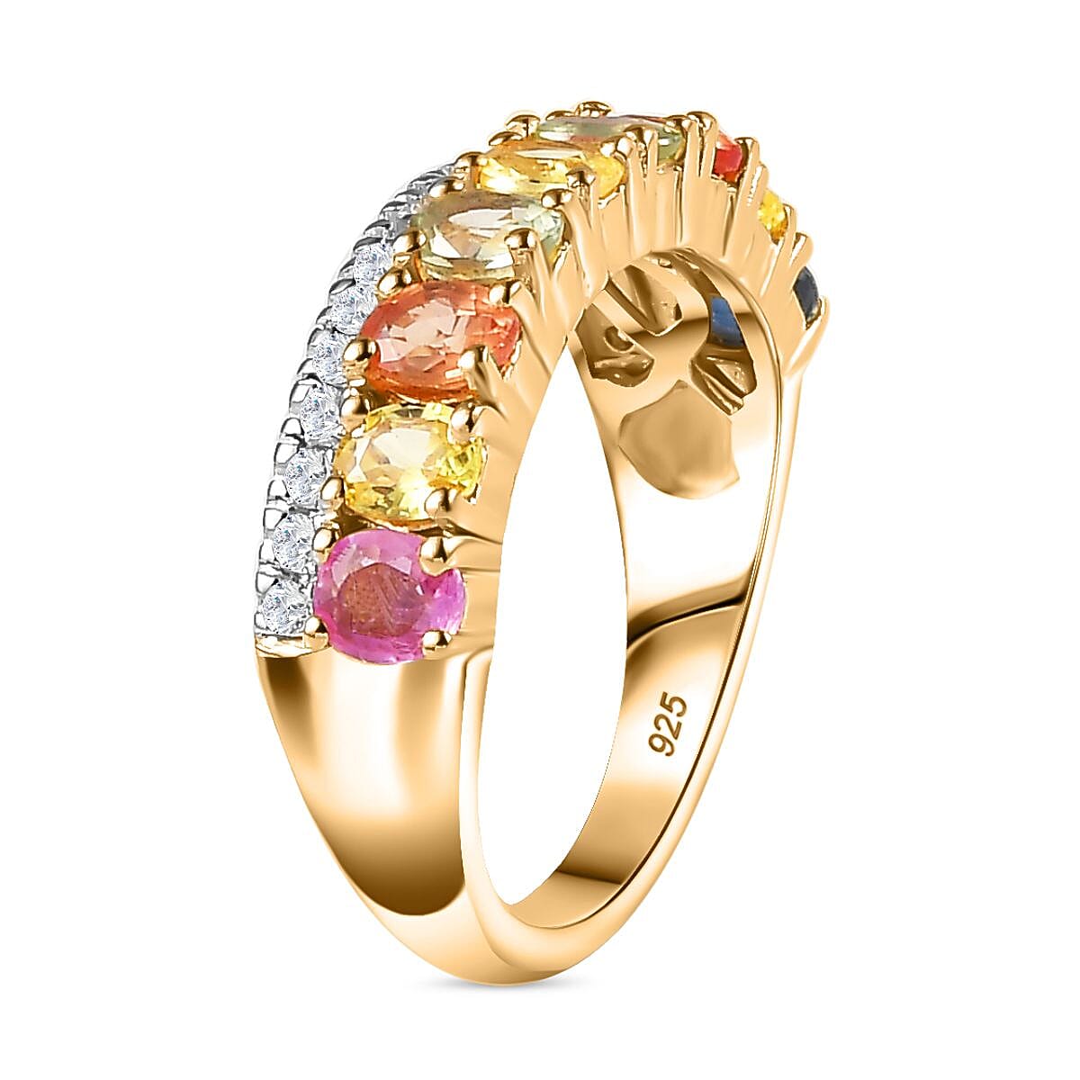 Rainbow Sapphire ,  White Zircon  Main Stone With Side Stone Ring in 18K YG Vermeil Sterling Silver 2.33 ct