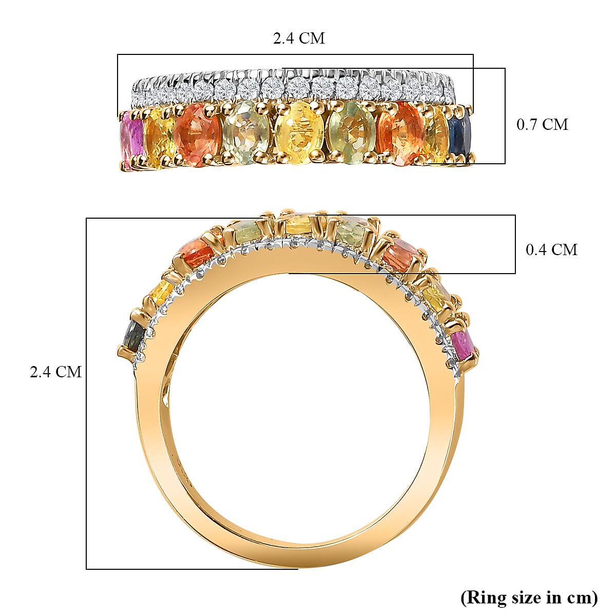 Rainbow Sapphire ,  White Zircon  Main Stone With Side Stone Ring in 18K YG Vermeil Sterling Silver 2.33 ct