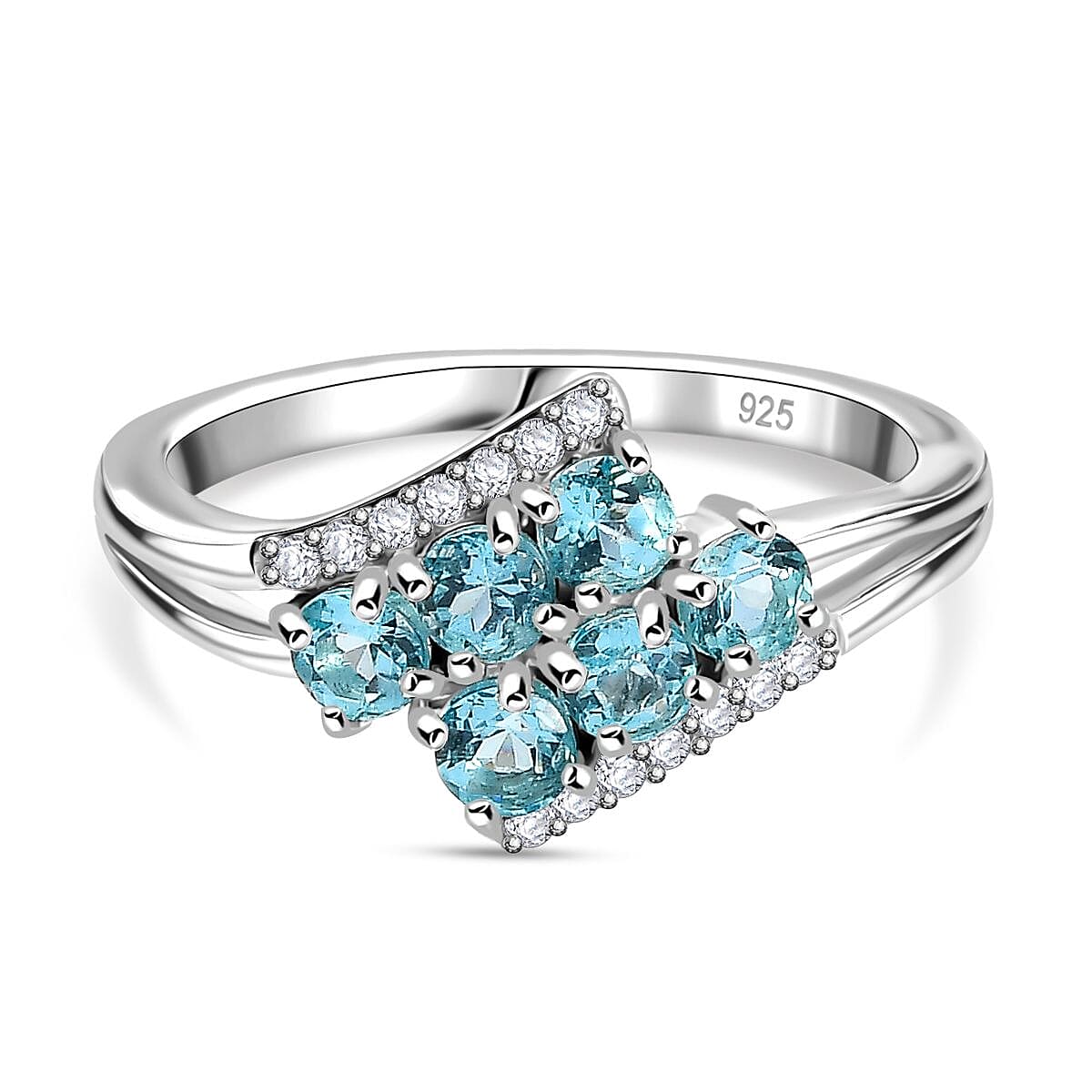 Blue Apatite ,  White Zircon  Main Stone With Side Stone Ring in Rhodium Overlay Sterling Silver 0.86 ct  0.922  Ct.
