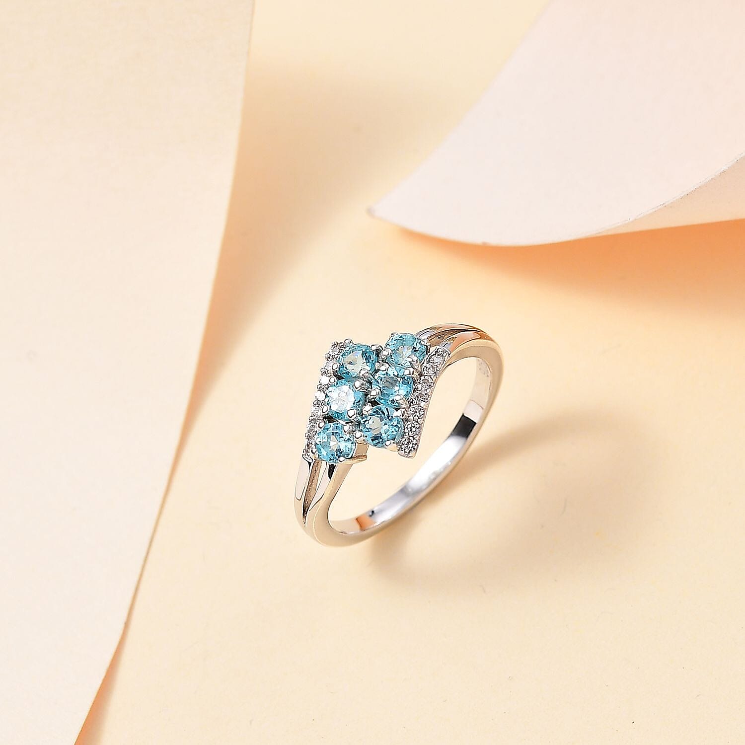 Blue Apatite ,  White Zircon  Main Stone With Side Stone Ring in Rhodium Overlay Sterling Silver 0.86 ct  0.922  Ct.