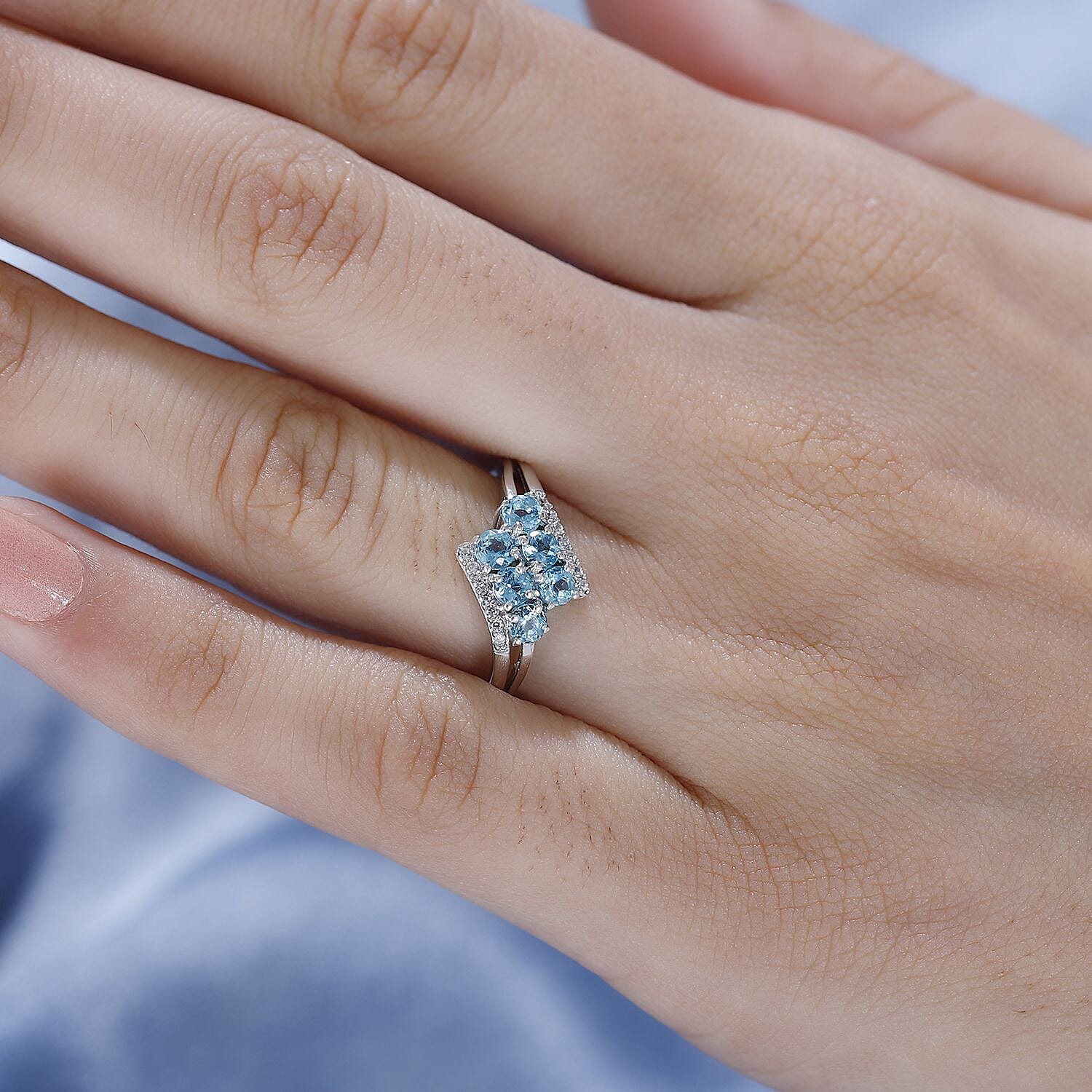 Blue Apatite ,  White Zircon  Main Stone With Side Stone Ring in Rhodium Overlay Sterling Silver 0.86 ct  0.922  Ct.