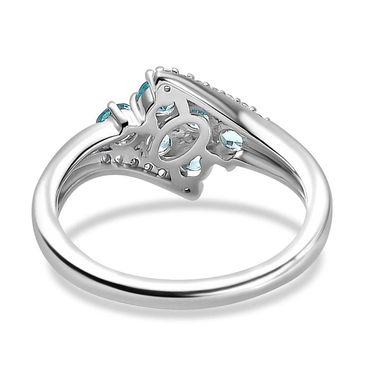 Blue Apatite ,  White Zircon  Main Stone With Side Stone Ring in Rhodium Overlay Sterling Silver 0.86 ct  0.922  Ct.