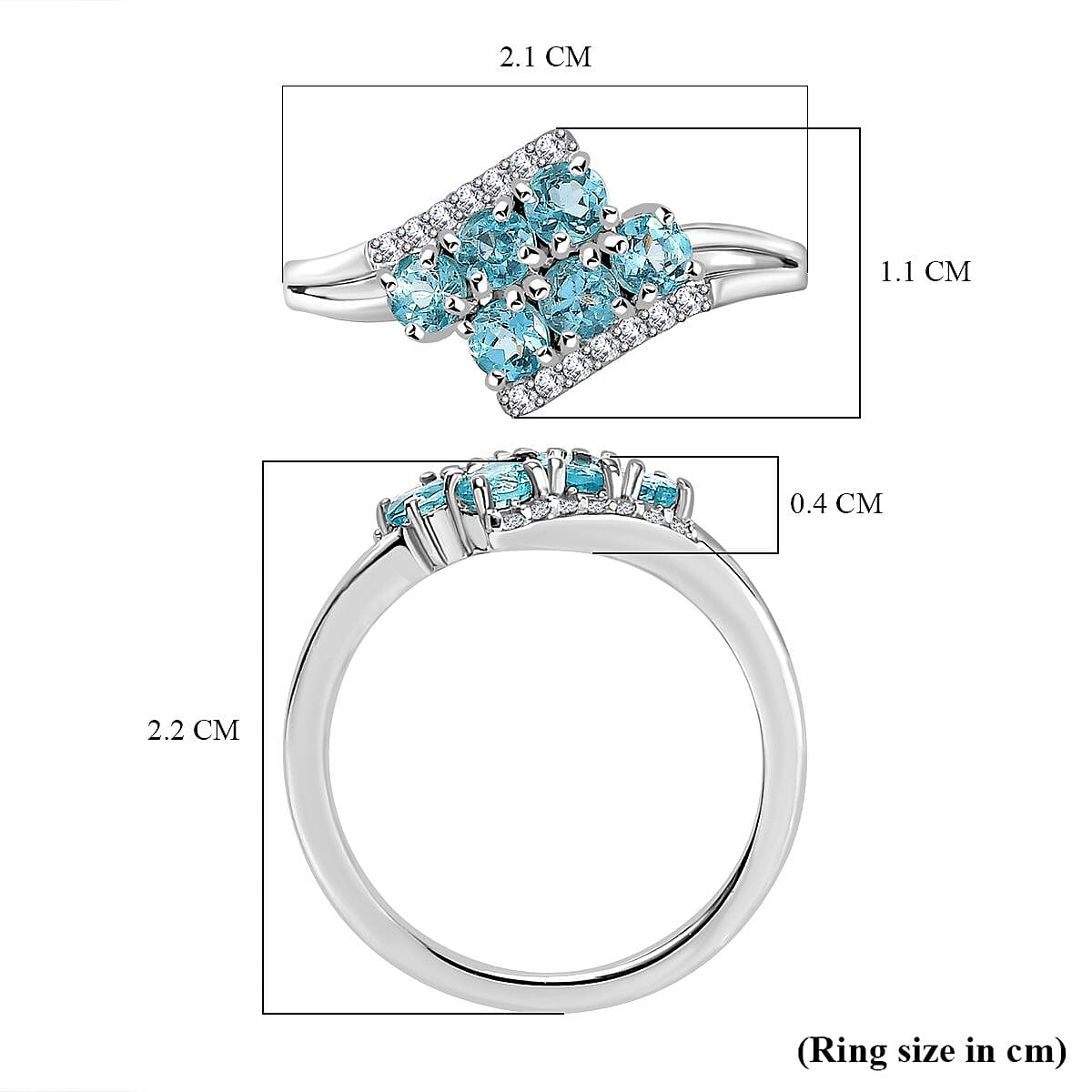Blue Apatite ,  White Zircon  Main Stone With Side Stone Ring in Rhodium Overlay Sterling Silver 0.86 ct  0.922  Ct.