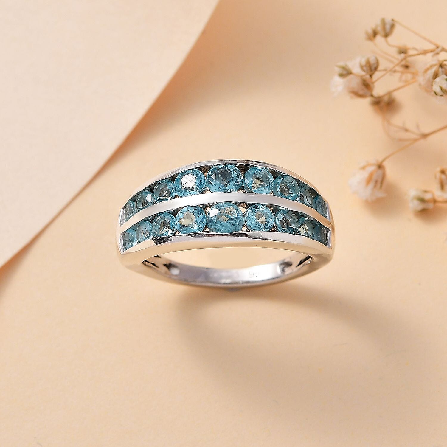 Blue Lagoon Apatite Ring in Rhodium Overlay Sterling Silver 1.916  Ct.