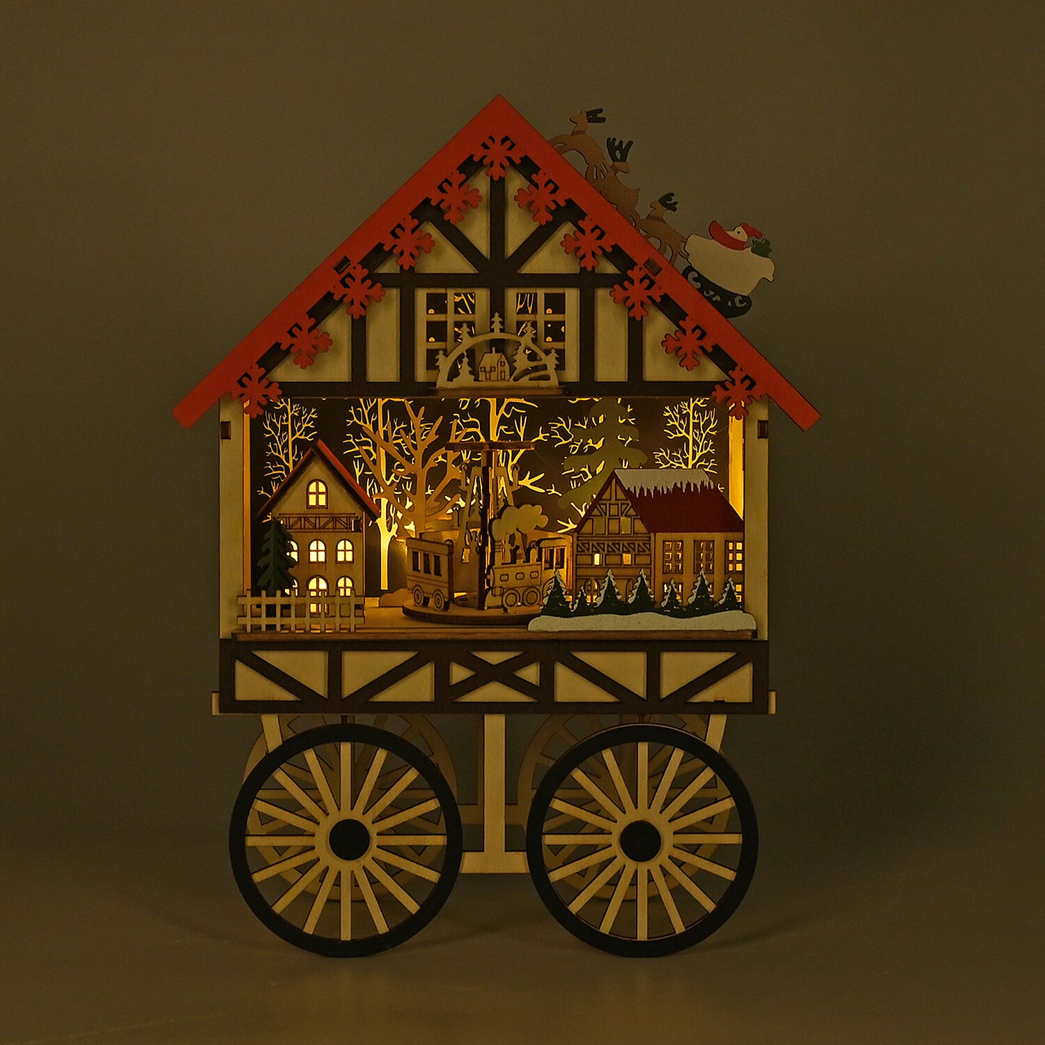 LED Wooden Wagon Christmas Village Scene With Wind Up Music Box