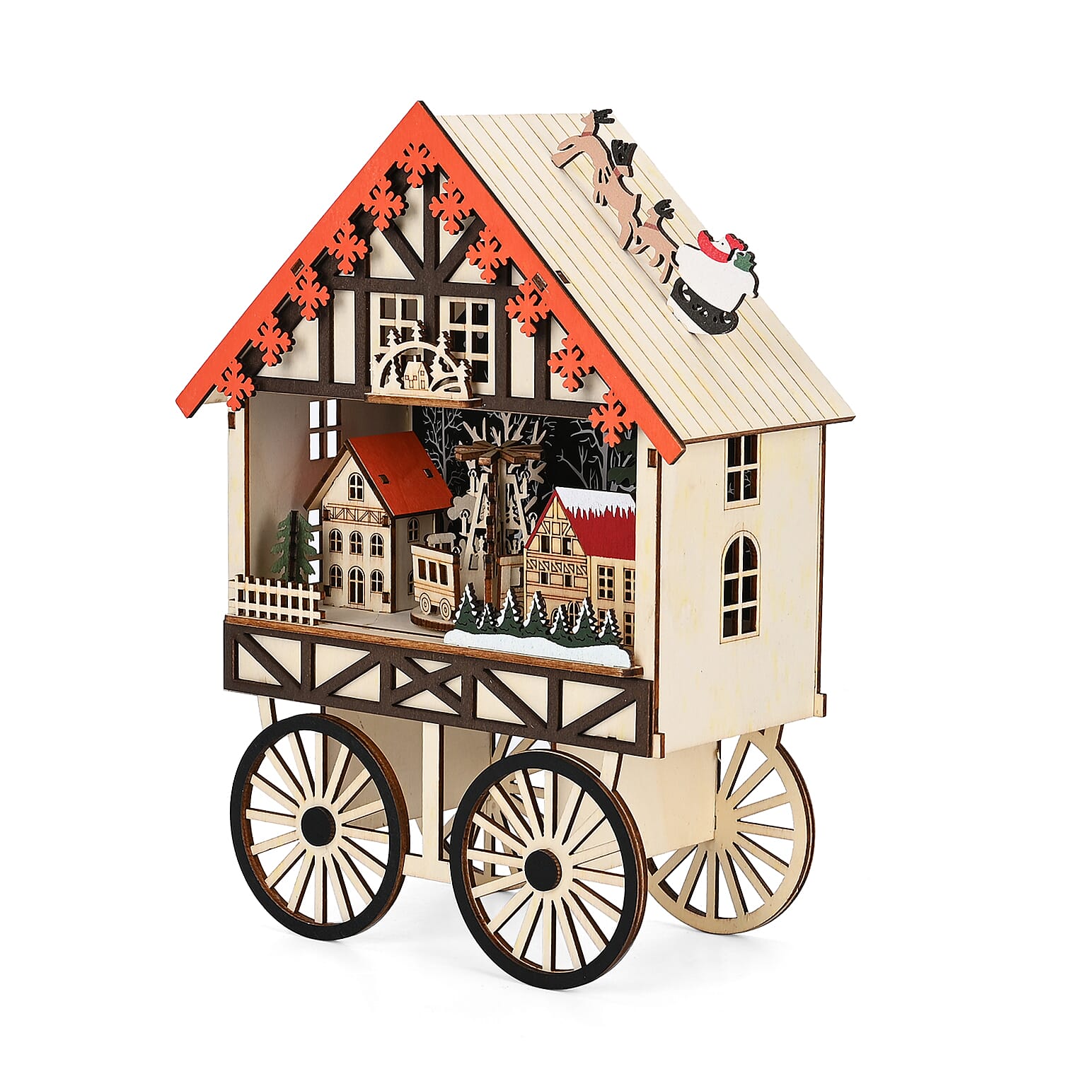 LED Wooden Wagon Christmas Village Scene With Wind Up Music Box