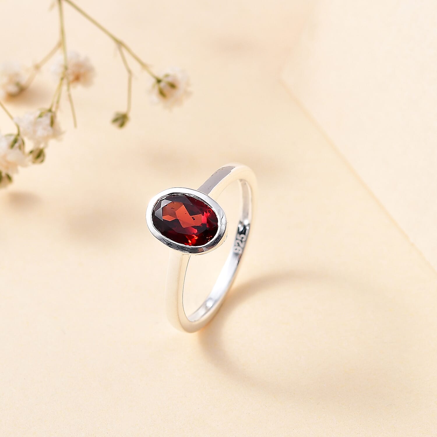Red Garnet Solitaire Ring Sterling Silver 1.44 Ct.