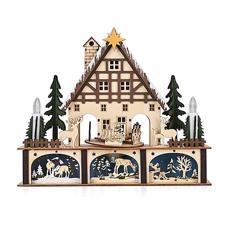 LED Wooden Christmas Winter Wonderland With Wind Up Music Box
