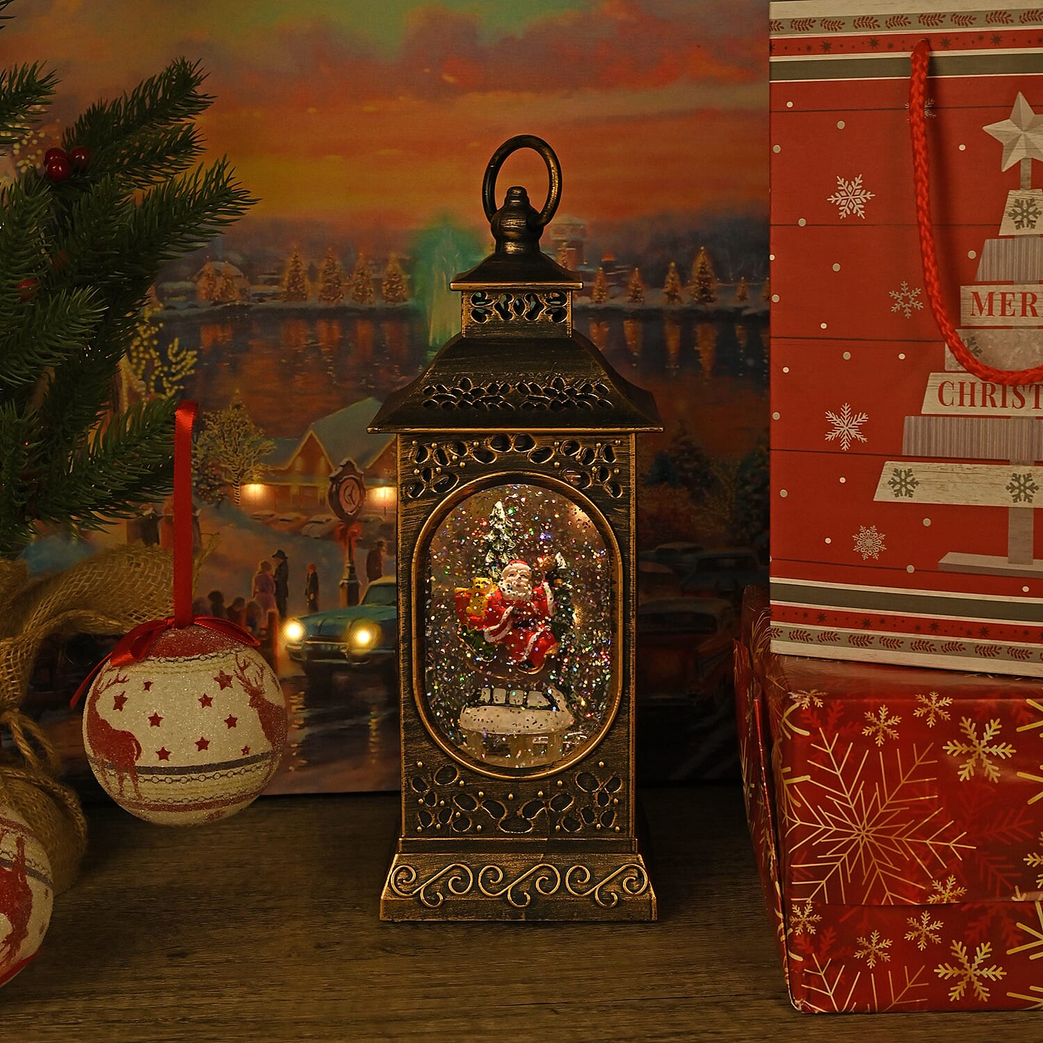 Vintage Lantern with Snow Globe - Christmas Decor - Battery-Operated