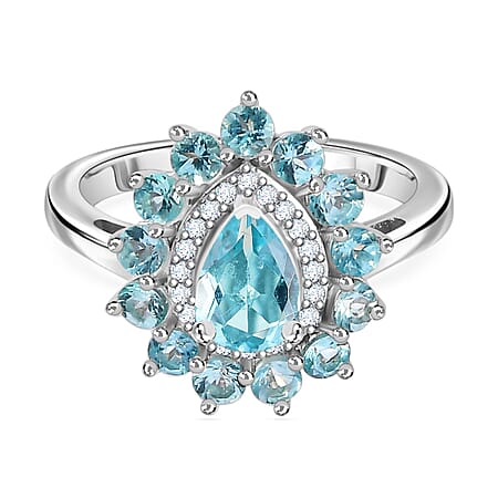 Rare Blue Lagoon Apatite and Moissanite Halo Ring in Rhodium Overlay Sterling Silver 1.861 Ct.