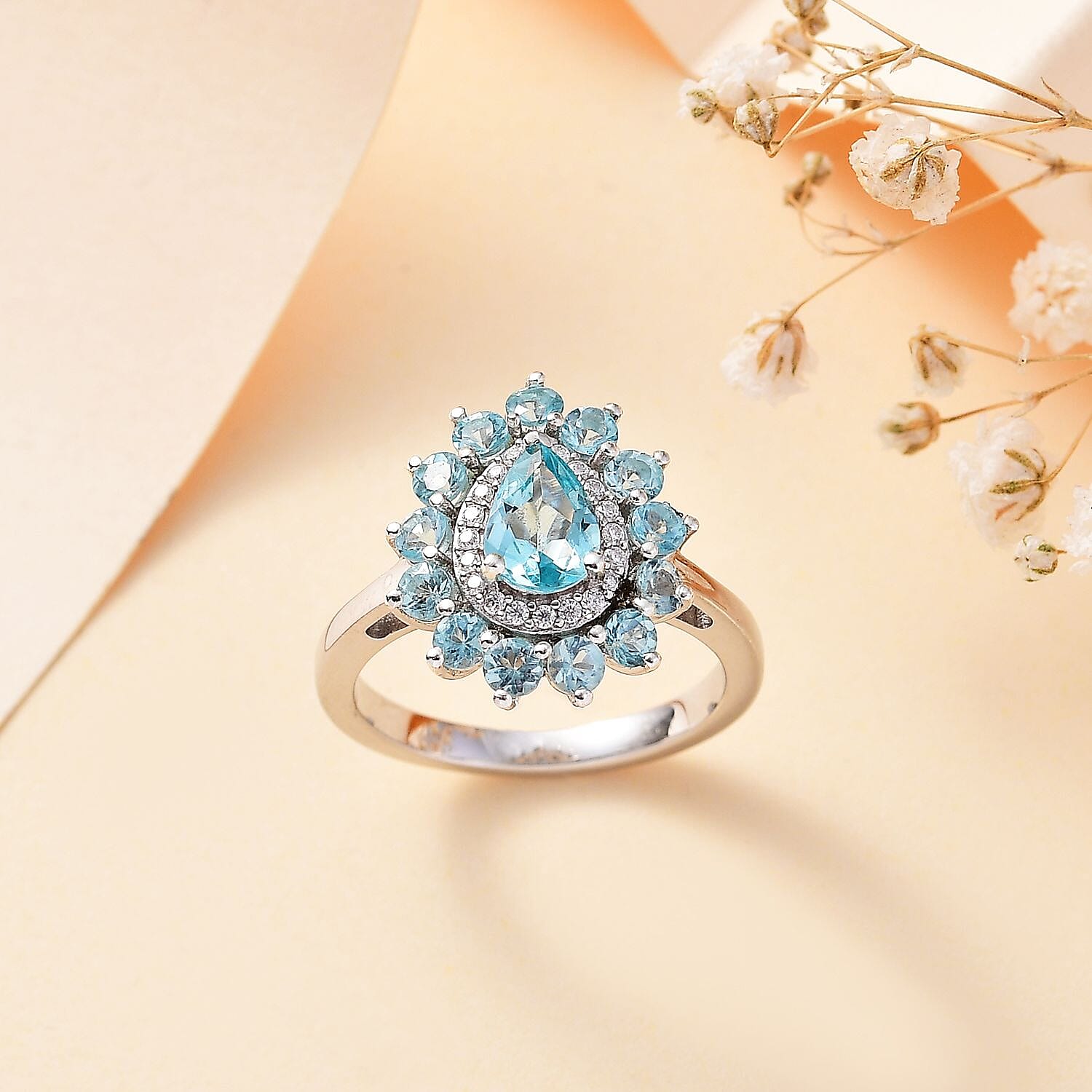 Rare Blue Lagoon Apatite & Moissanite Ring in Rhodium Overlay Sterling Silver 1.861 Ct.