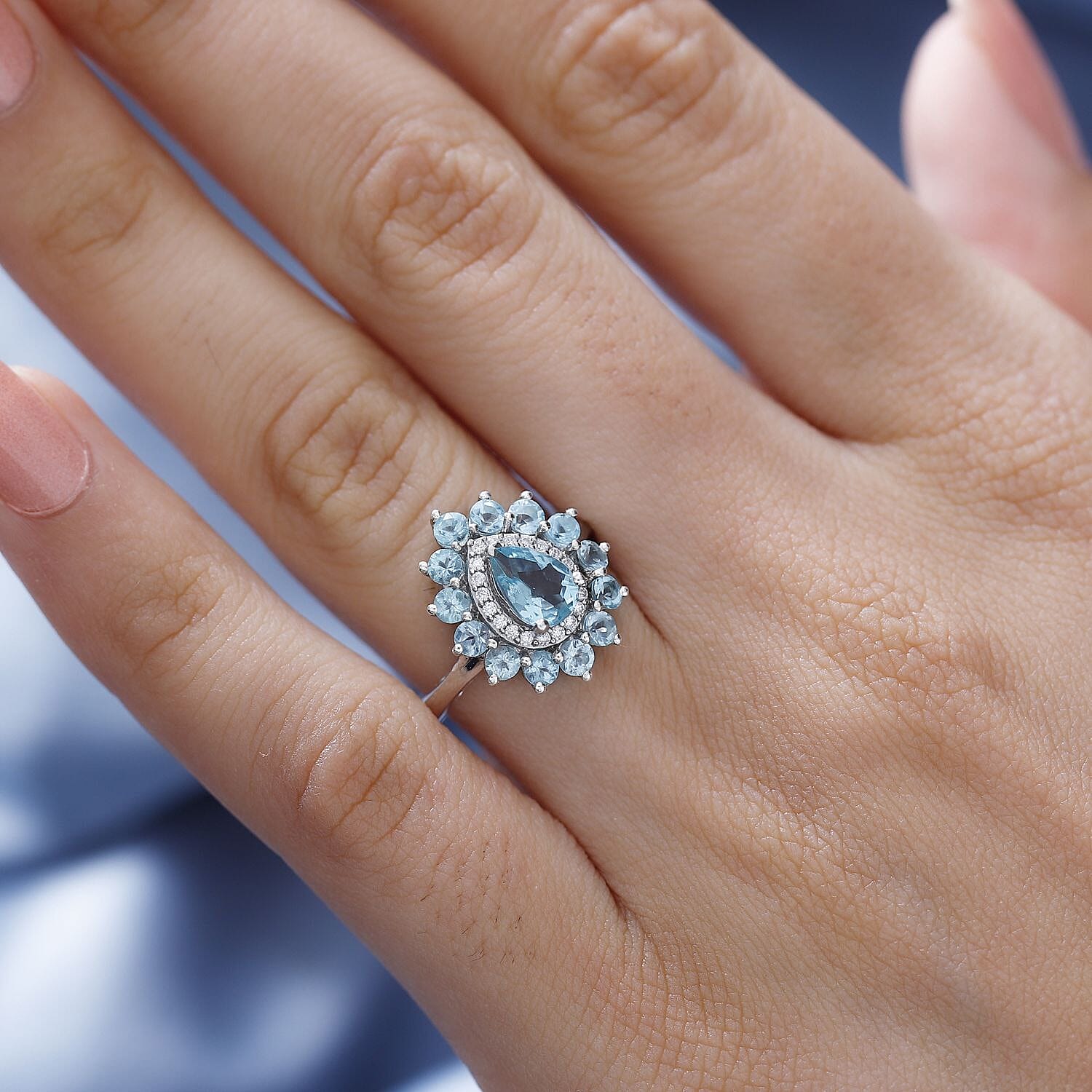 Rare Blue Lagoon Apatite & Moissanite Ring in Rhodium Overlay Sterling Silver 1.861 Ct.