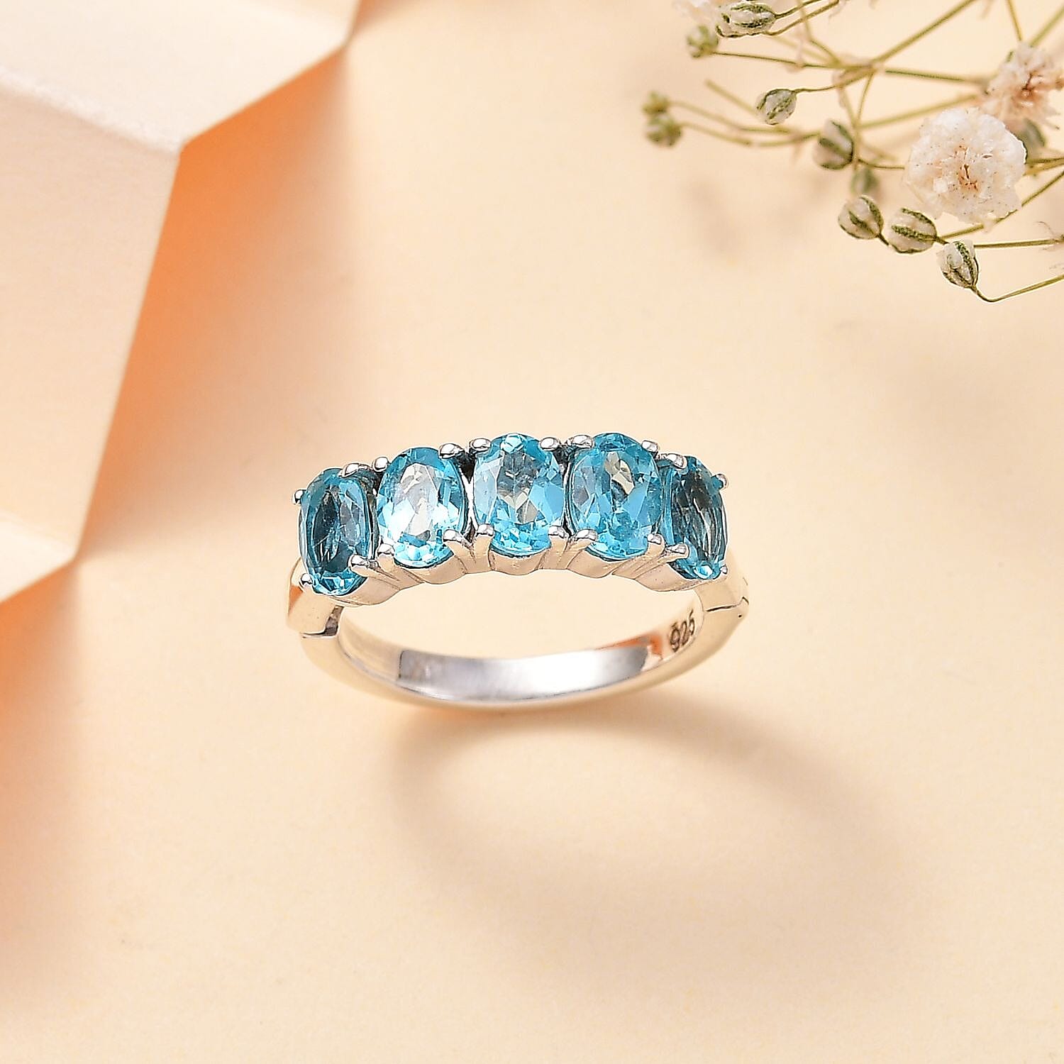 Blue Lagoon Apatite  5 Stone Ring in Rhodium Overlay Sterling Silver  2.250 Ct.