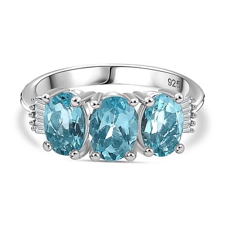 Rare Lagoon Apatite & White Diamond Trilogy Ring in Rhodium Overlay Sterling Silver 2.33 ct