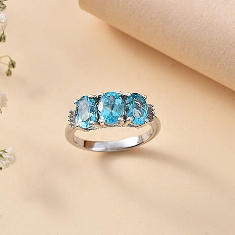 Rare Lagoon Apatite & White Diamond Trilogy Ring in Rhodium Overlay Sterling Silver 2.33 ct