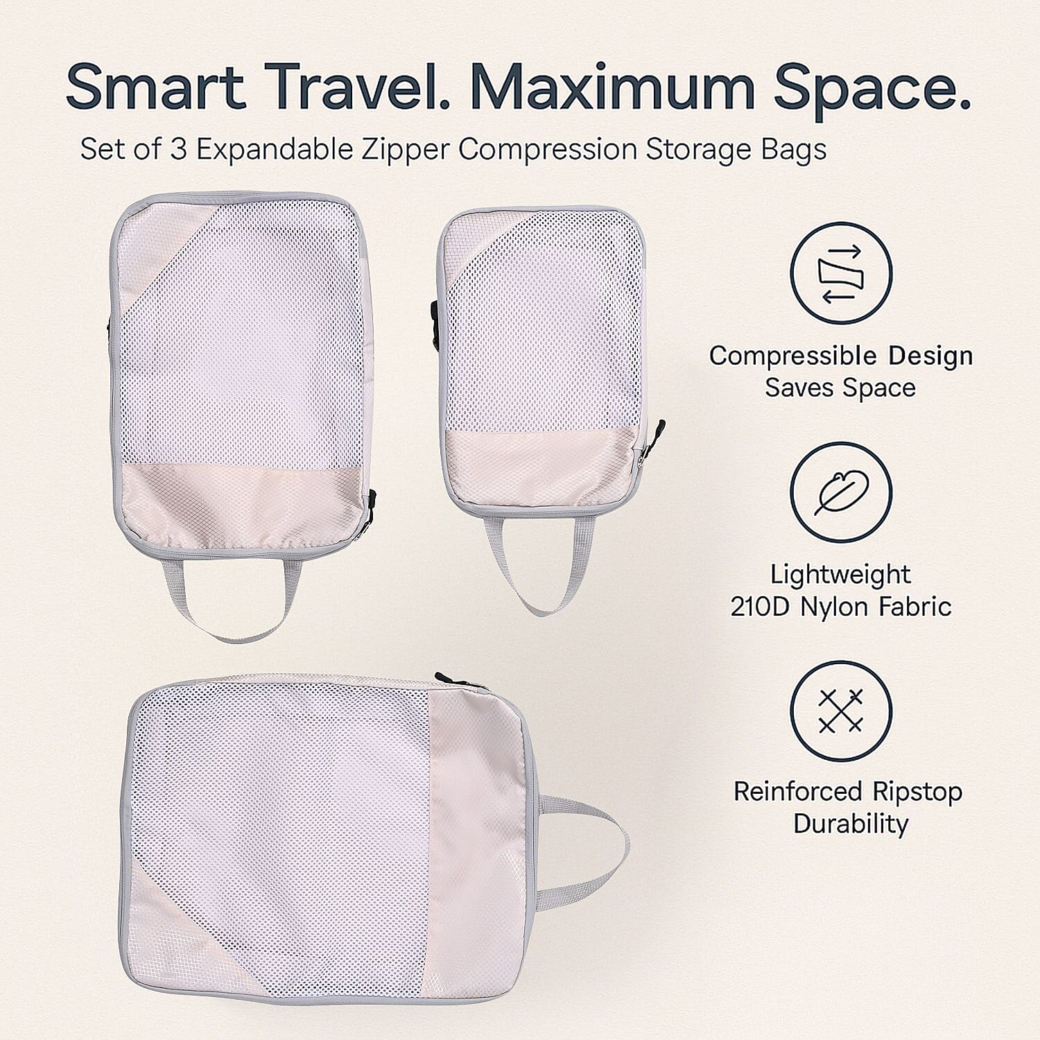 Set of 3 Space Saving Compression Storage Bags - Cream