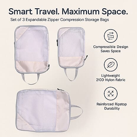 Set of 3 Space Saving Compression Storage Bags - Cream