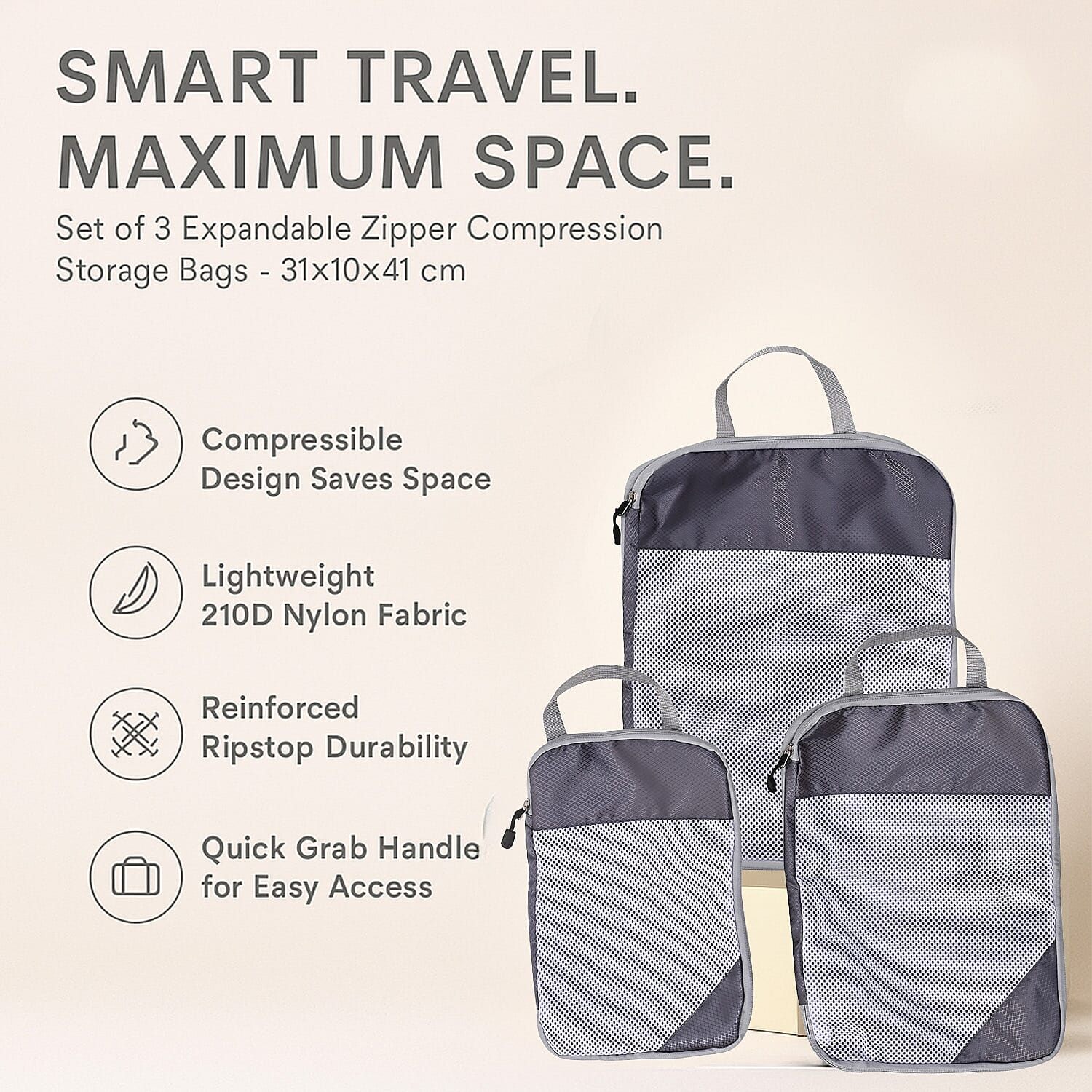 Set of 3 Expandable-Zipper Compression Storage Bags- ,Multifunctional Travel Organiser, Saves Space  (Size 31x10x41 cm) - Grey
