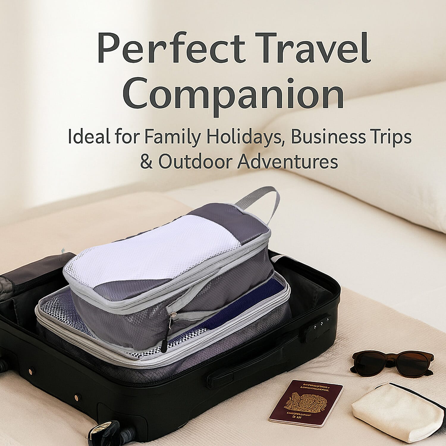 Set of 3 Expandable-Zipper Compression Storage Bags- ,Multifunctional Travel Organiser, Saves Space  (Size 31x10x41 cm) - Grey