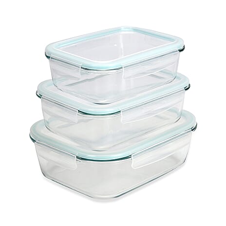 Set of 3 Rectangular Glass food storage containers in 3 different capacity (1040ml, 1520ml and 2260ml) , Microwave and Dishwasher safe - Transparent