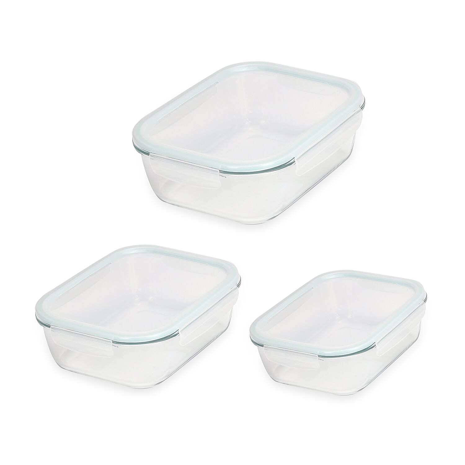 Set of 3 Rectangular Glass food storage containers in 3 different capacity (1040ml, 1520ml and 2260ml) , Microwave and Dishwasher safe - Transparent