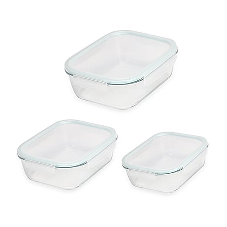 Set of 3 Rectangular Glass food storage containers in 3 different capacity (1040ml, 1520ml and 2260ml) , Microwave and Dishwasher safe - Transparent