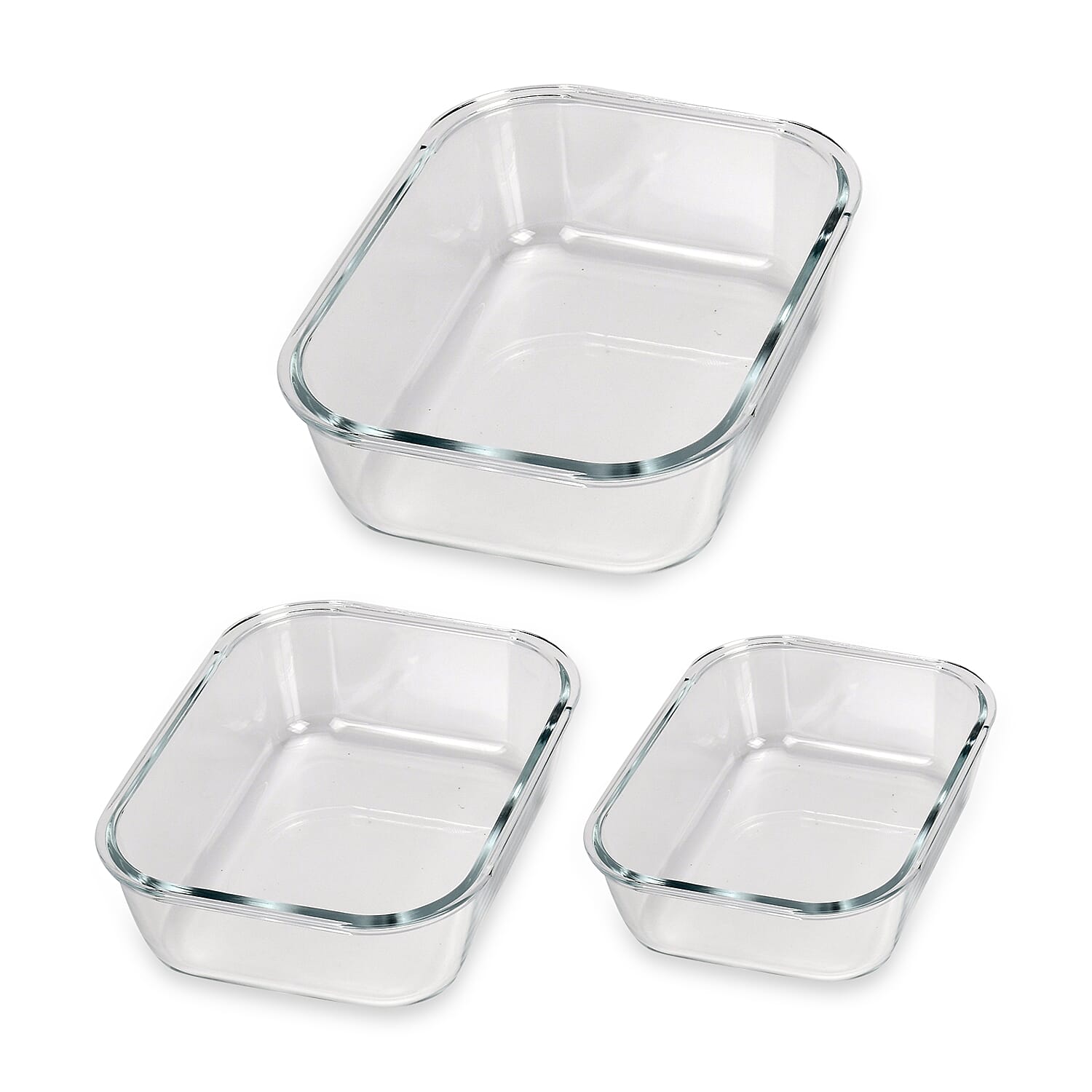 Set of 3 Rectangular Glass food storage containers in 3 different capacity (1040ml, 1520ml and 2260ml) , Microwave and Dishwasher safe - Transparent