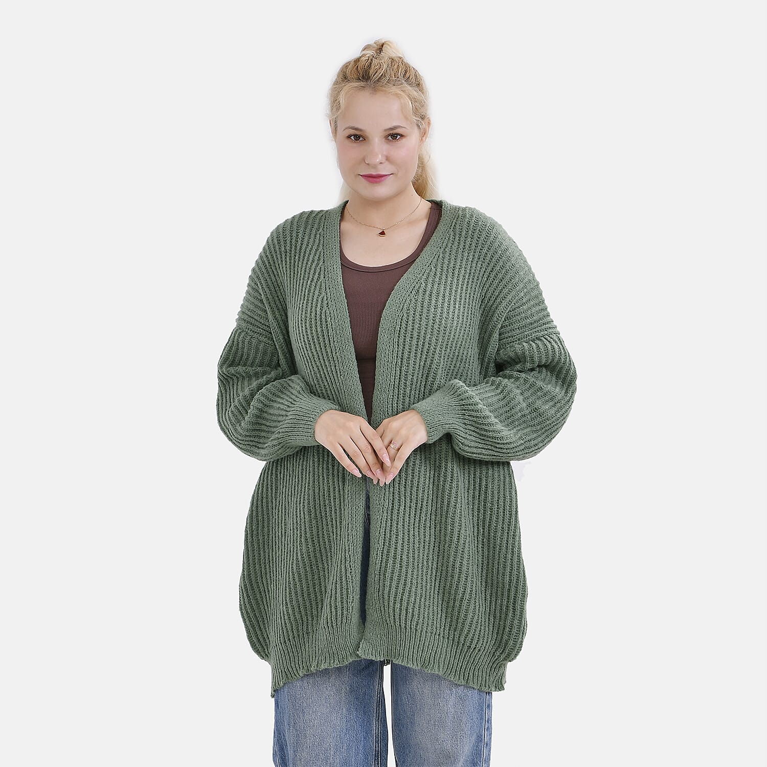 TAMSY Open Front Full Sleeve Knitted Cardigan (One Size) - Green